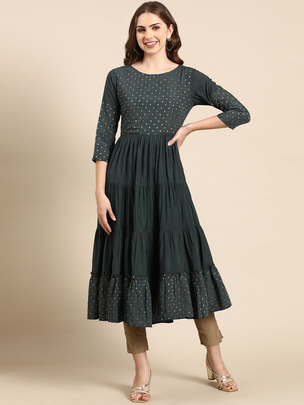 Women's Teal Tiered Brocade Anarkali Kurta