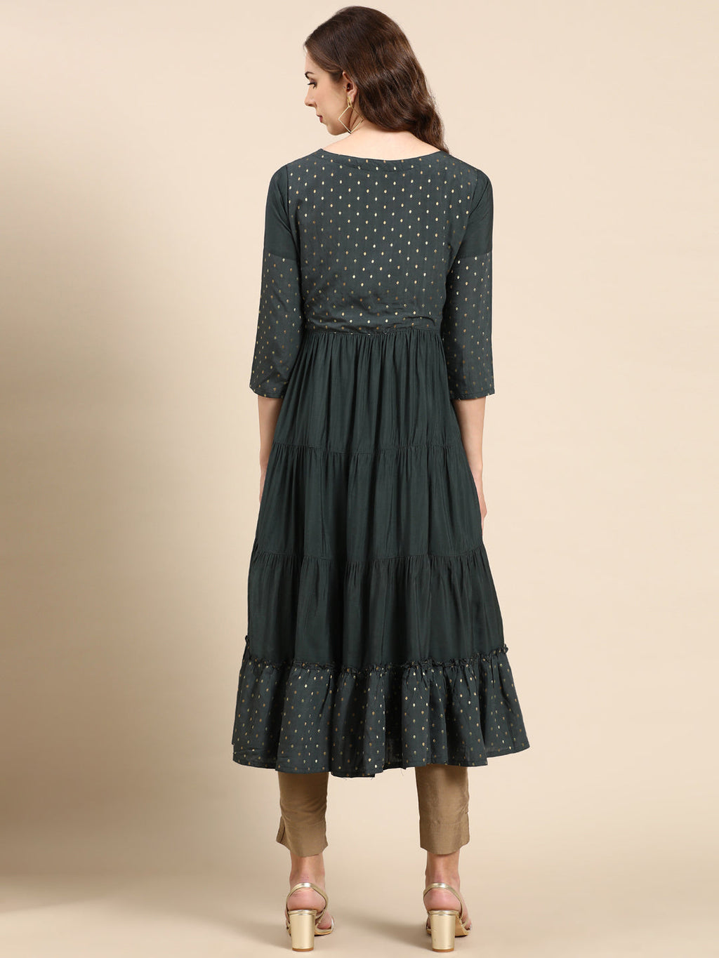 Women's Teal Tiered Brocade Anarkali Kurta