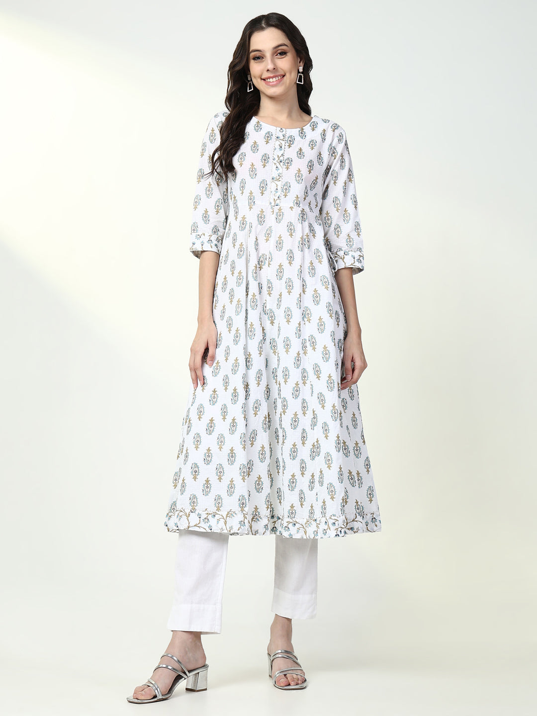 Women's White Paisley Anarkali Kurta