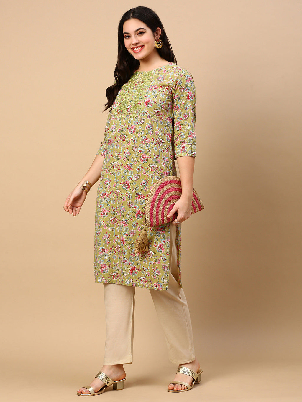 Women's Green Floral Straight Kurta