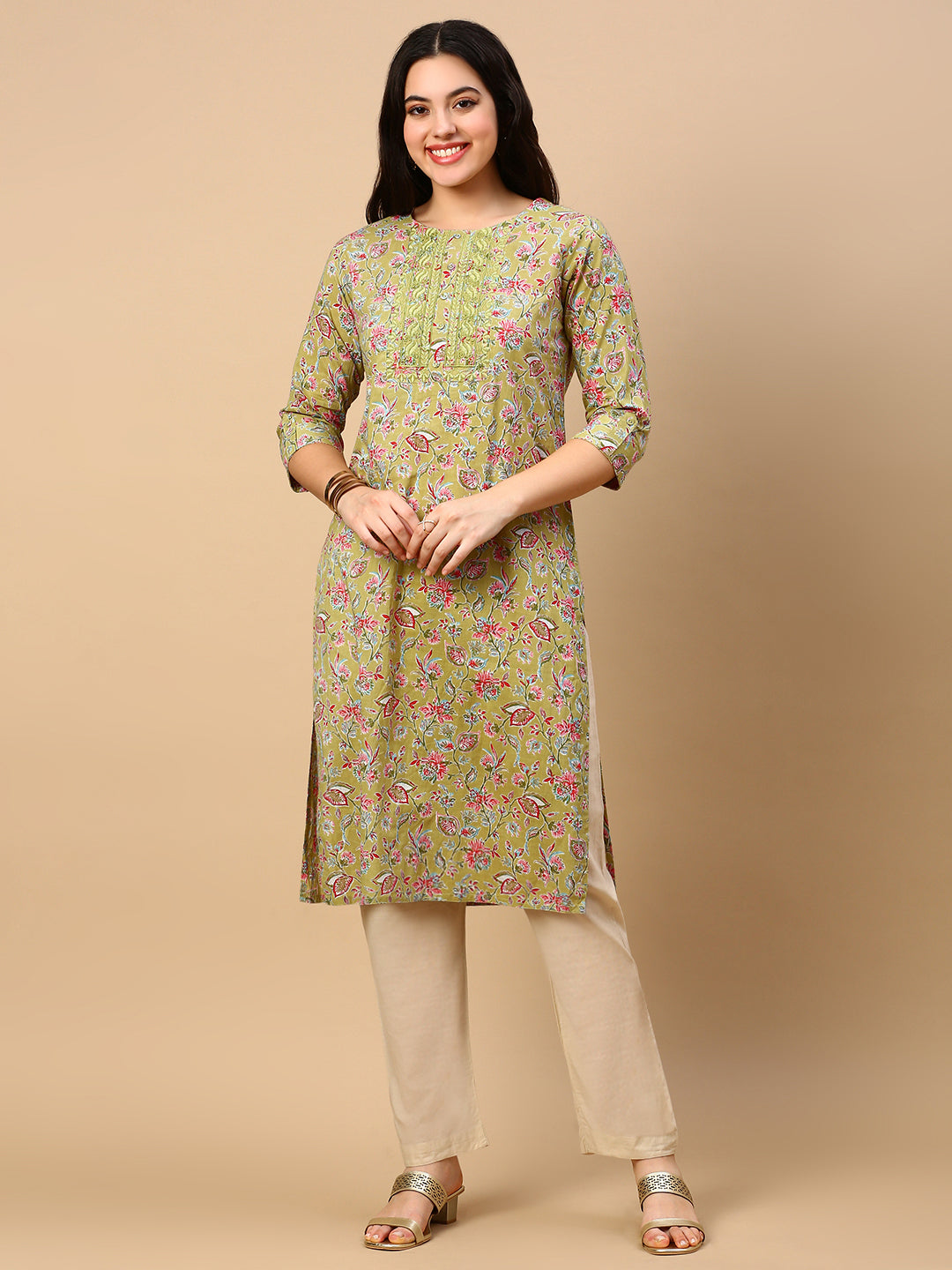 Women's Green Floral Straight Kurta