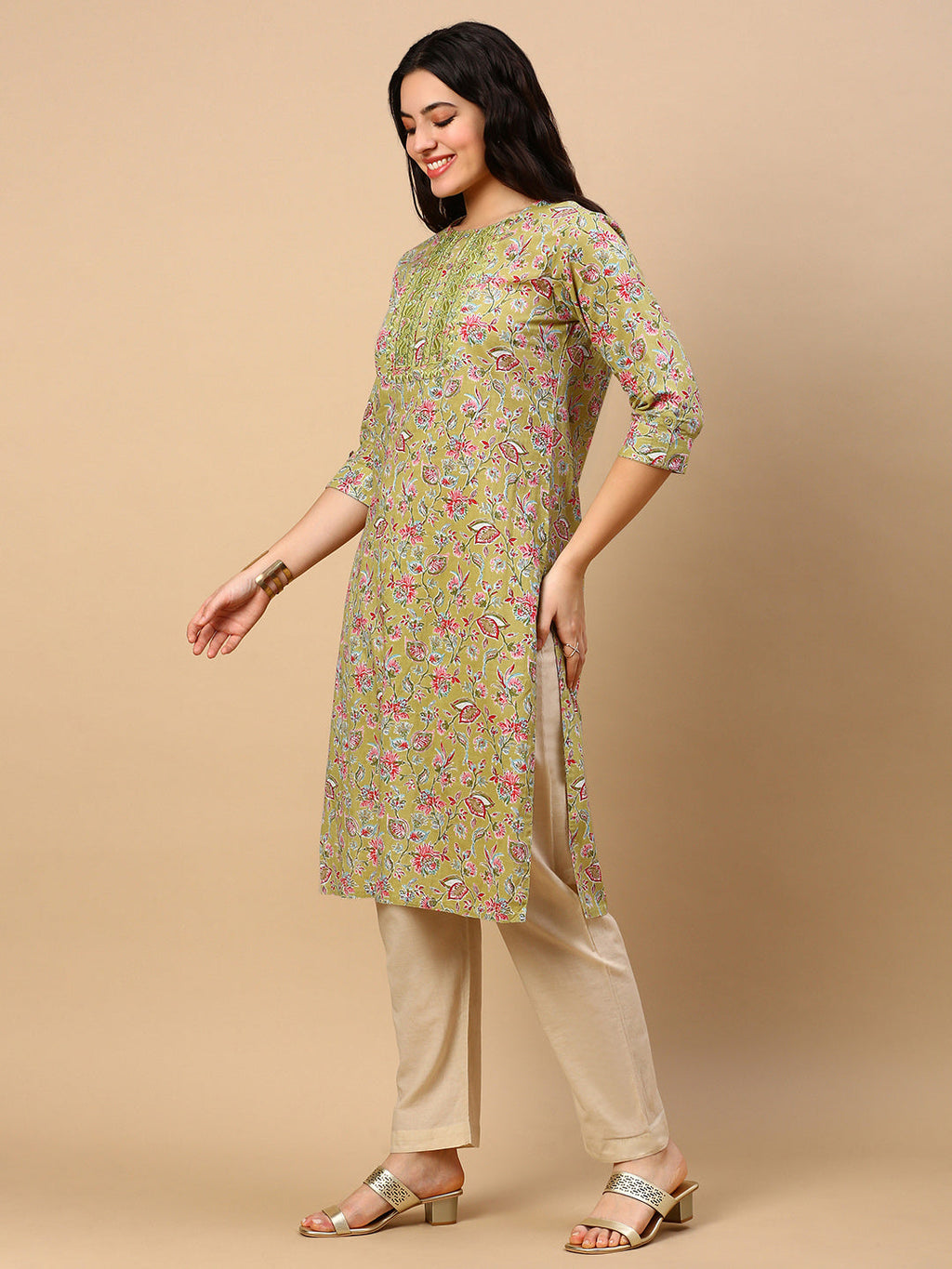 Women's Green Floral Straight Kurta