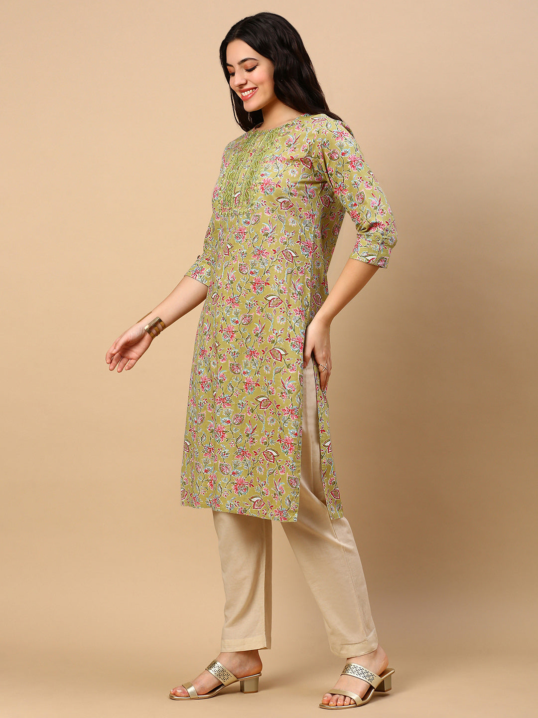 Women's Green Floral Straight Kurta