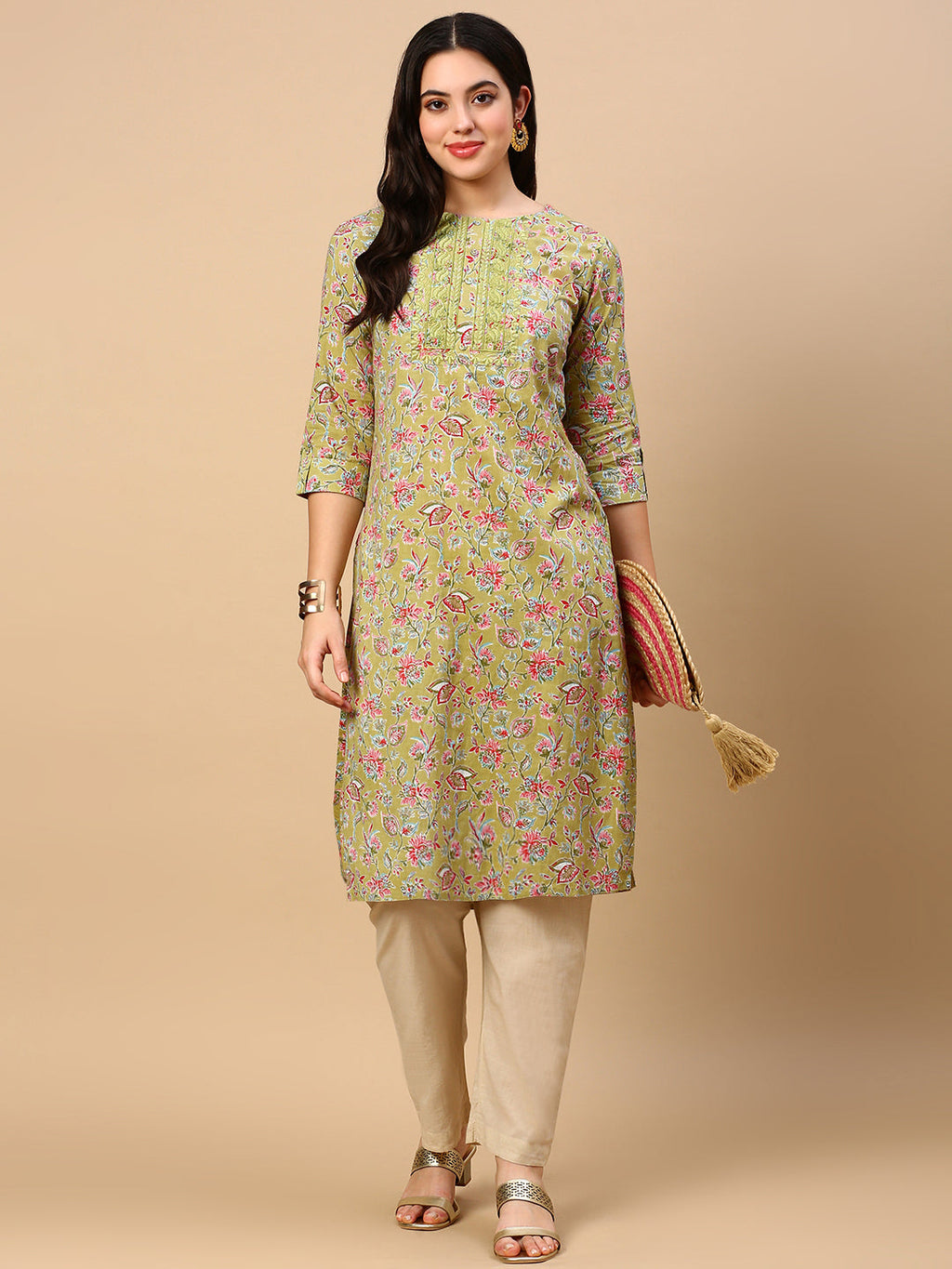 Women's Green Floral Straight Kurta