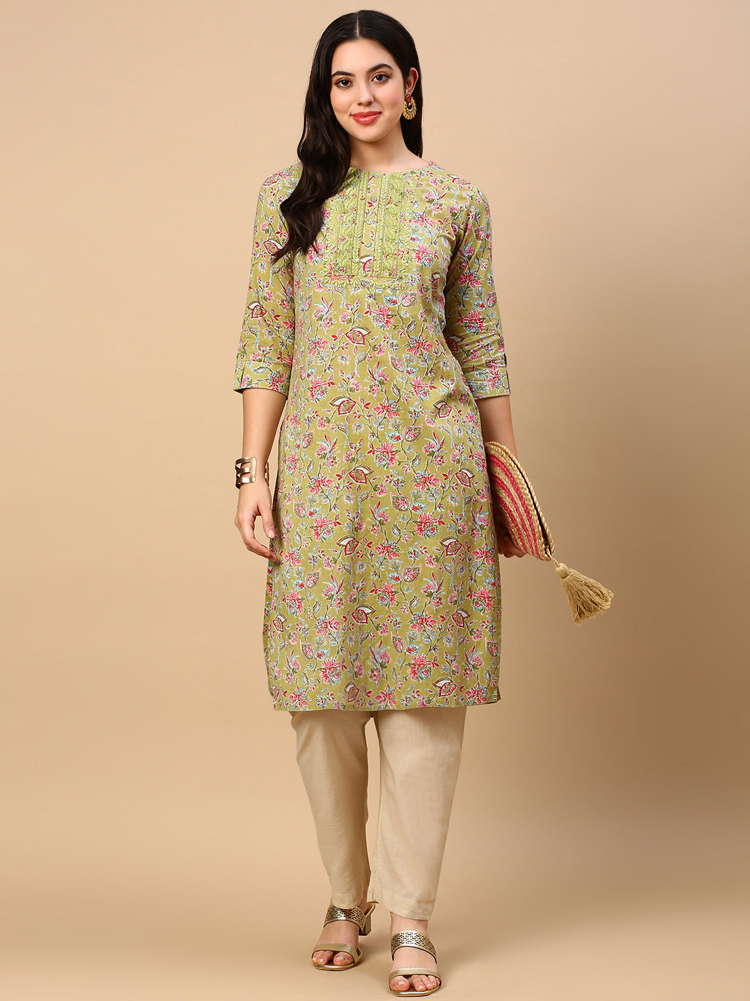 Women's Green Floral Straight Kurta