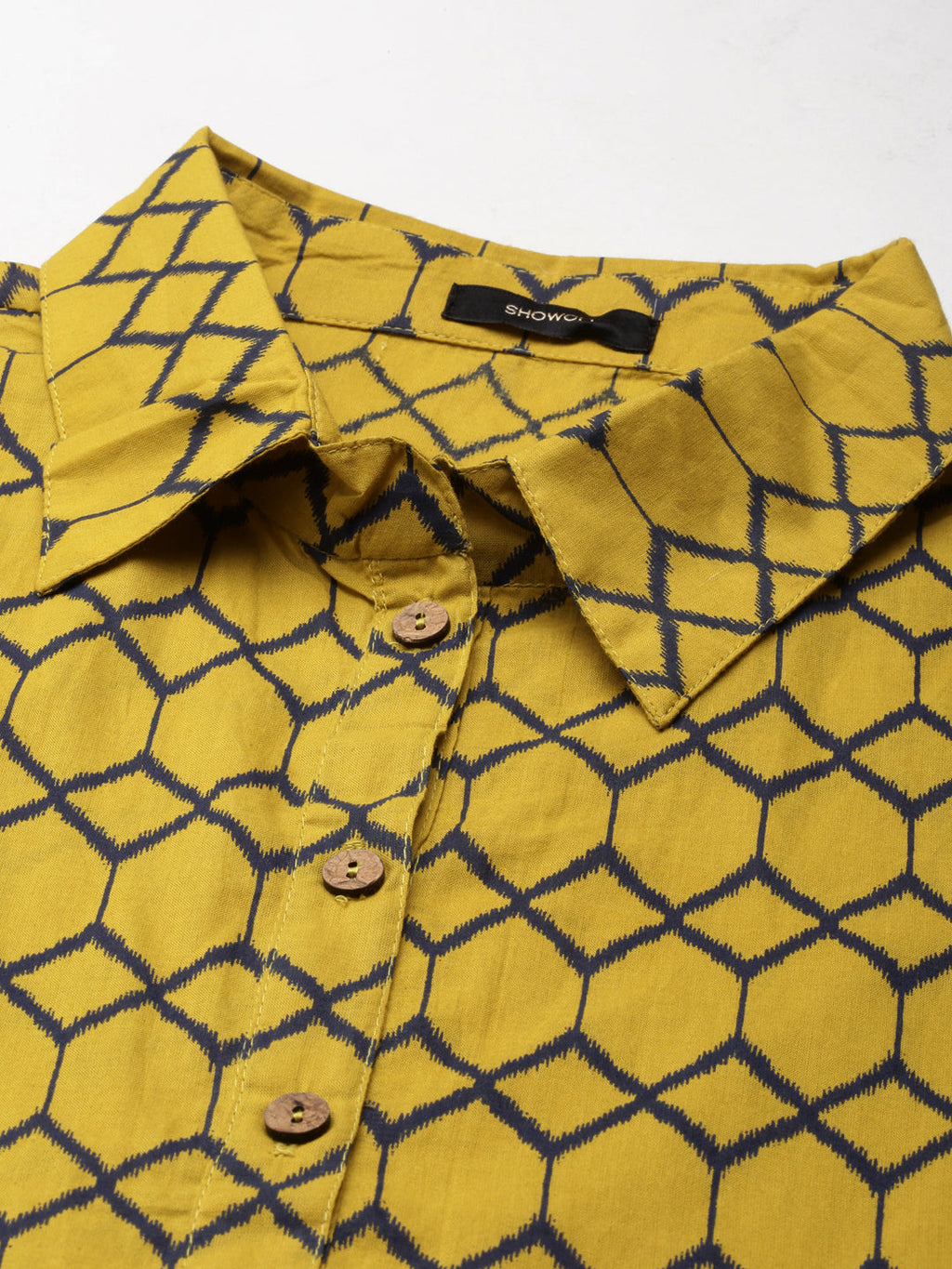 Women's Mustard Geometric Printed Shirt Collar Sleeveless Cotton Shirt Style Dress