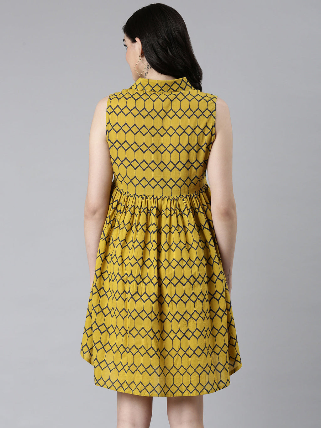Women's Mustard Geometric Printed Shirt Collar Sleeveless Cotton Shirt Style Dress