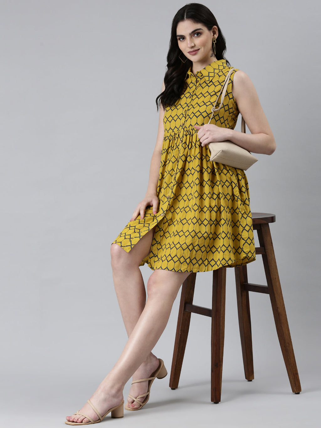 Women's Mustard Geometric Printed Shirt Collar Sleeveless Cotton Shirt Style Dress