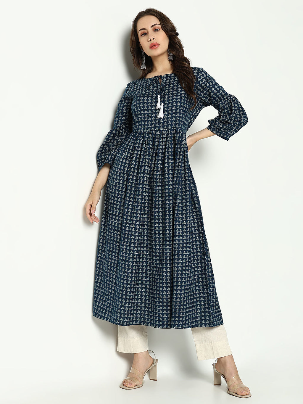 Women's Teal Geometrical Fit and Flare Kurta