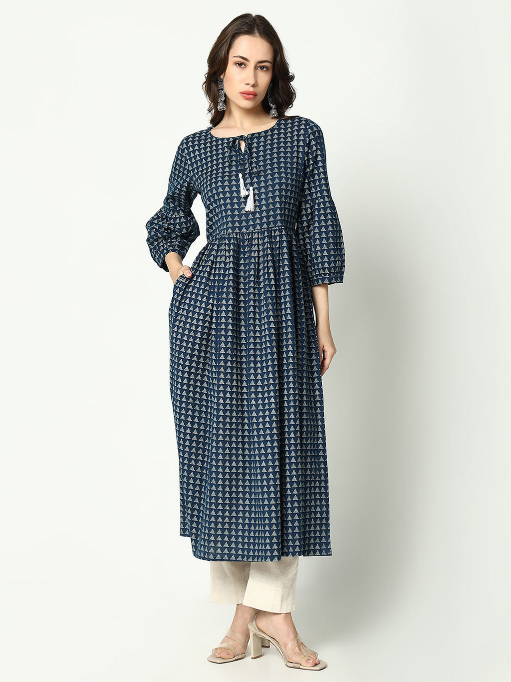 Women's Teal Geometrical Fit and Flare Kurta