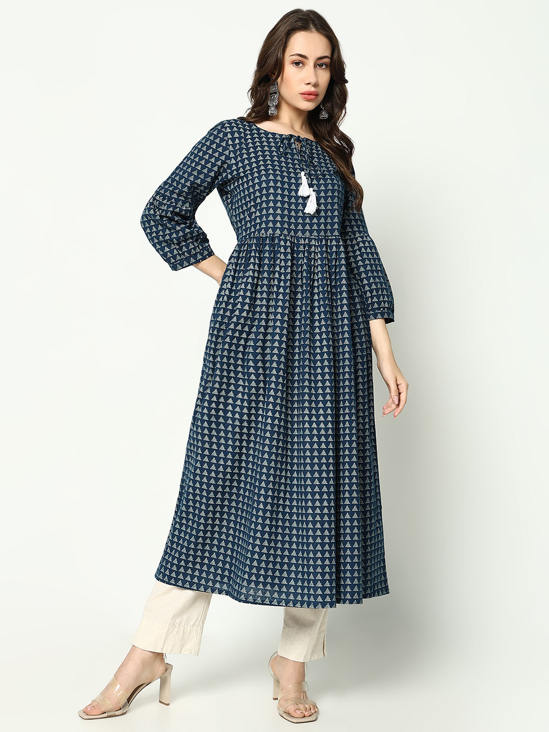 Women's Teal Geometrical Fit and Flare Kurta
