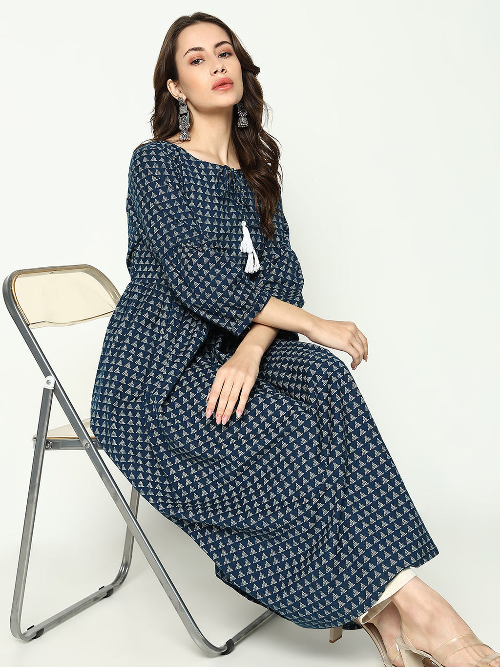 Women's Teal Geometrical Fit and Flare Kurta