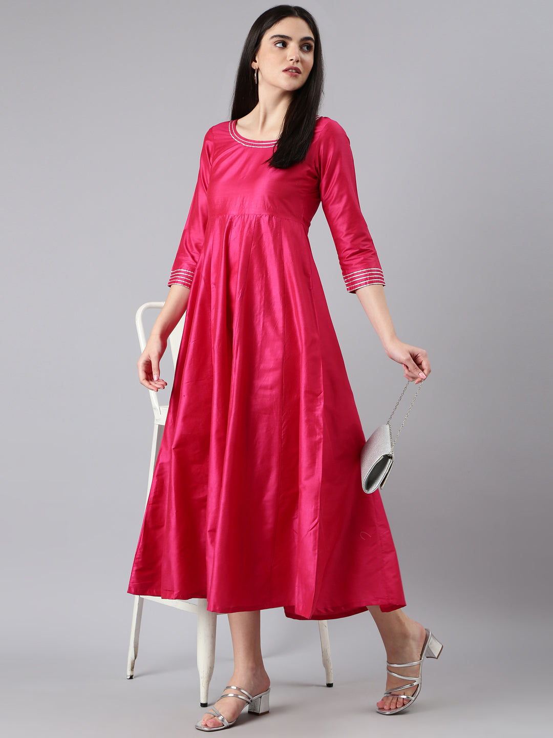 Women's Pink Round Neck Empire Kurta