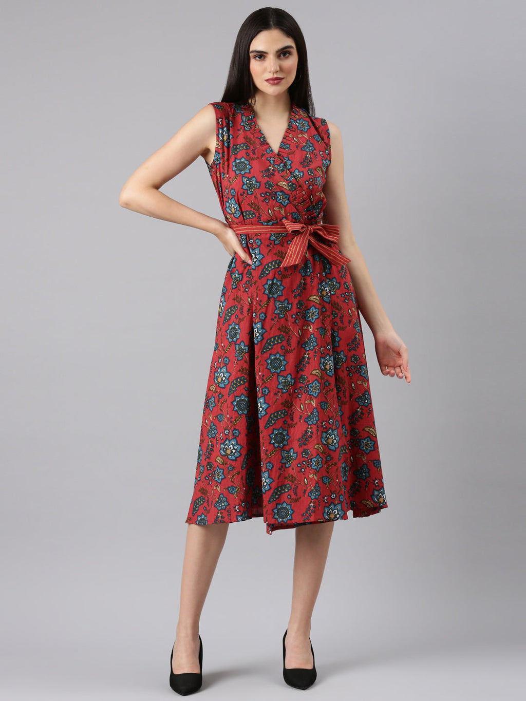 Women's Fuchsia Floral Printed V-Neck Sleeveless Wrap Dress With Belted