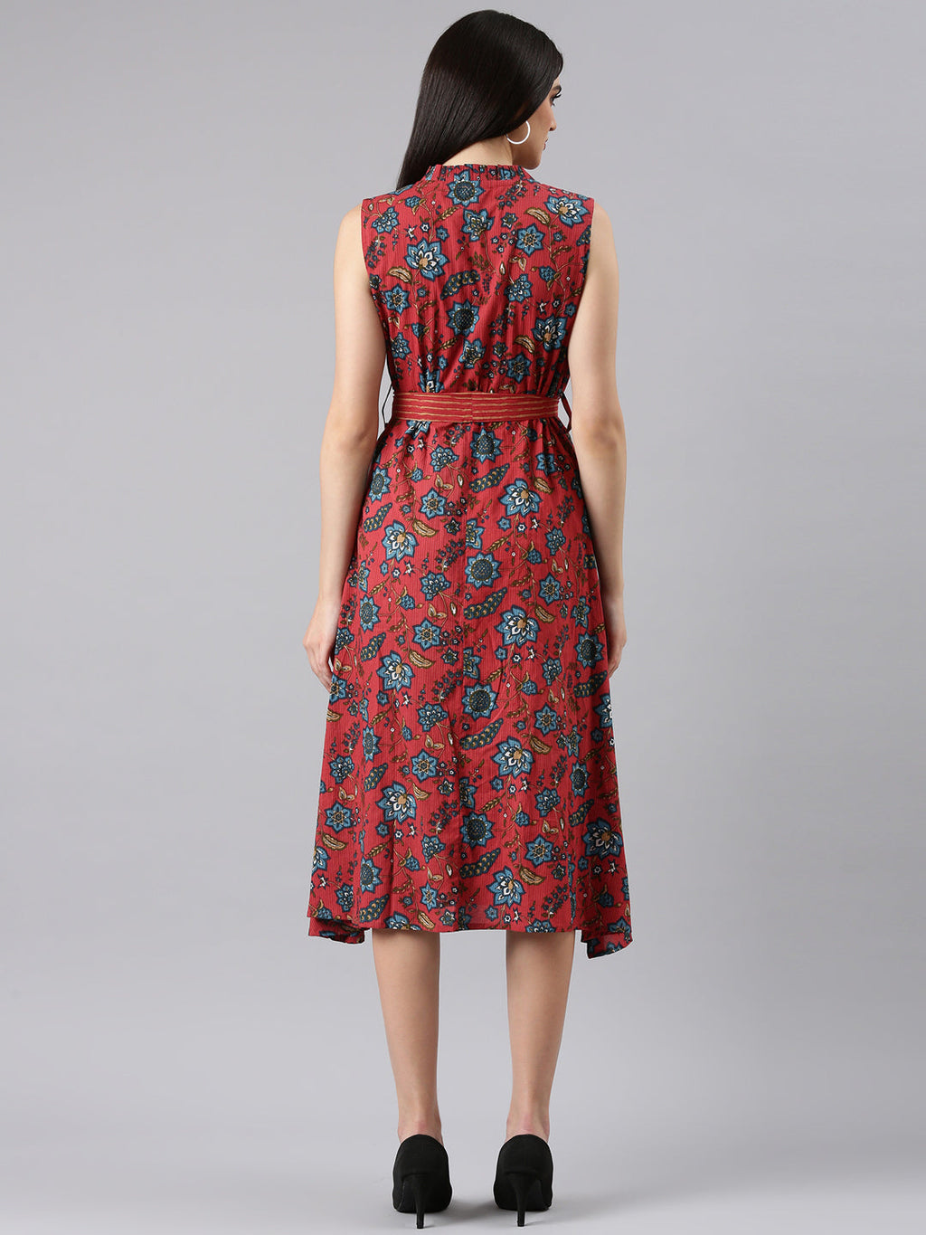 Women's Fuchsia Floral Printed V-Neck Sleeveless Wrap Dress With Belted