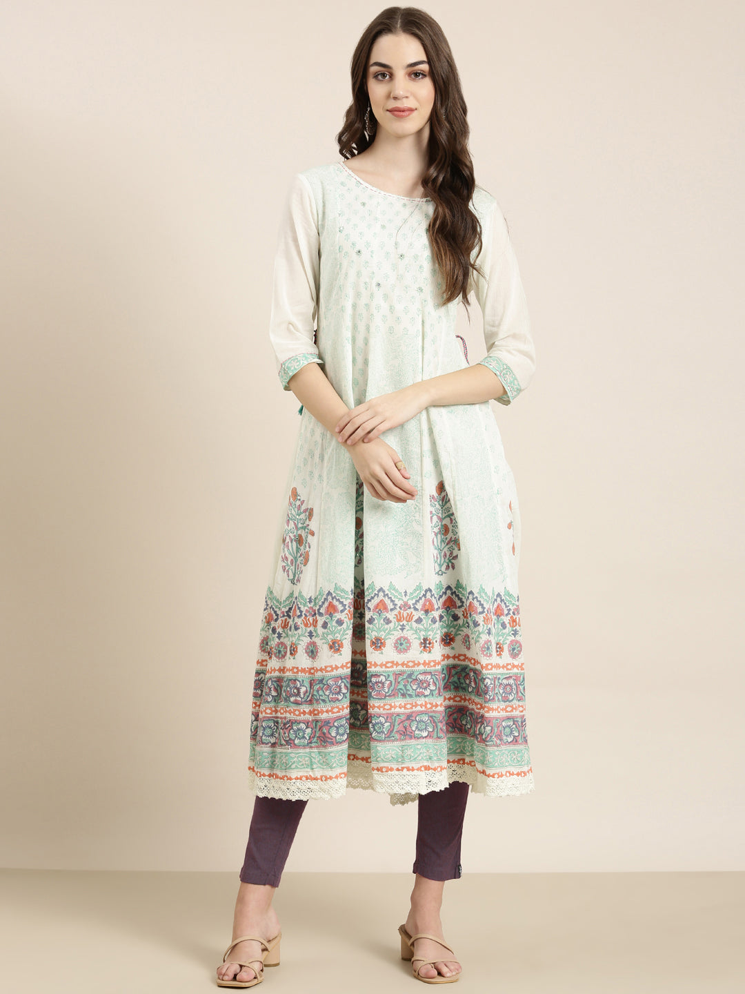 Women's Cream Ethnic Motif Printed Thread Work Anarkali Kurta
