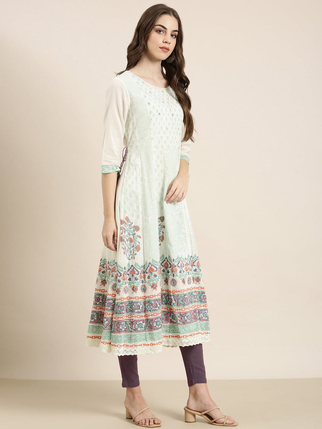 Women's Cream Ethnic Motif Printed Thread Work Anarkali Kurta