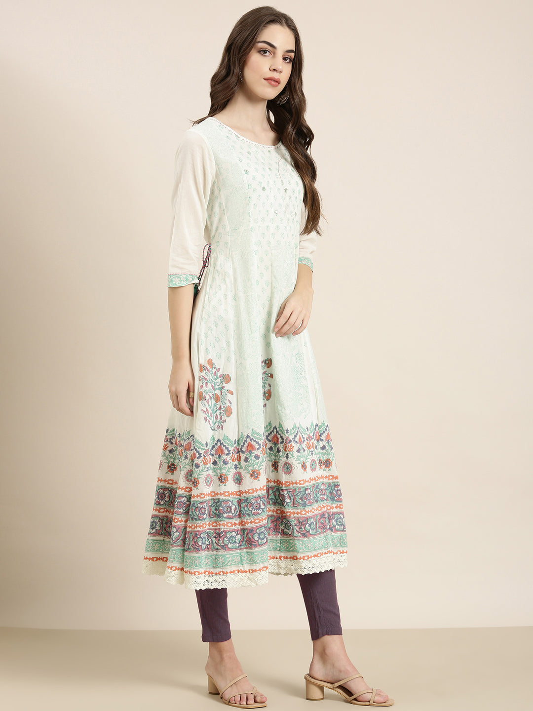 Women's Cream Ethnic Motif Printed Thread Work Anarkali Kurta