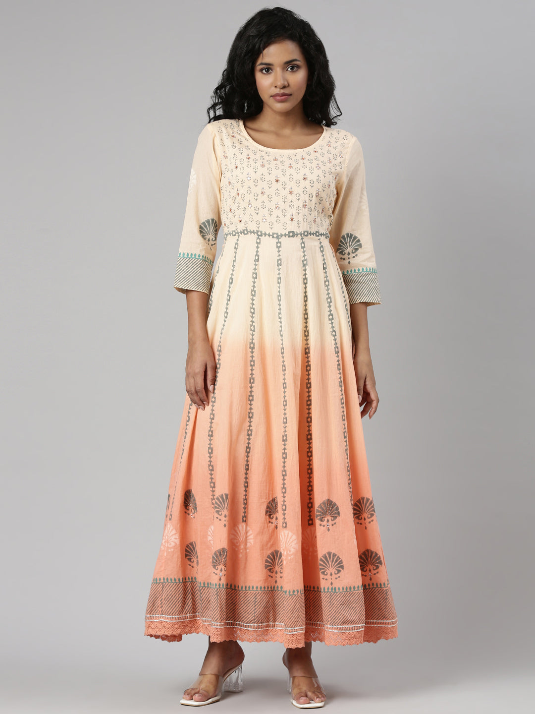 Women's Orange Ethnic Motifs Printed Cotton Empire Kurta