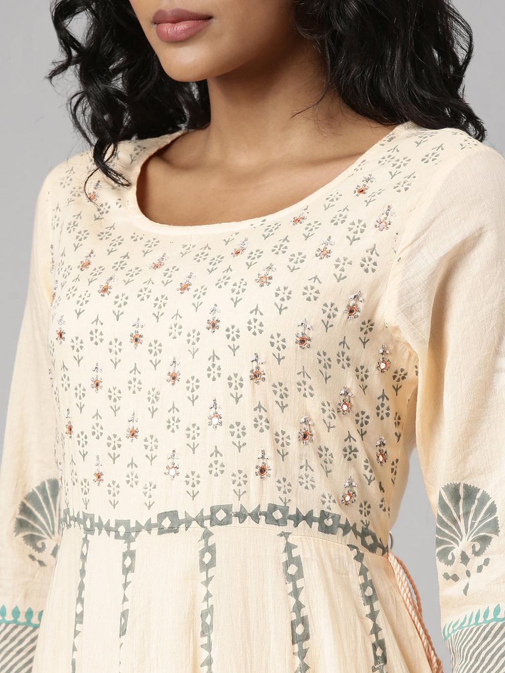 Women's Orange Ethnic Motifs Printed Cotton Empire Kurta