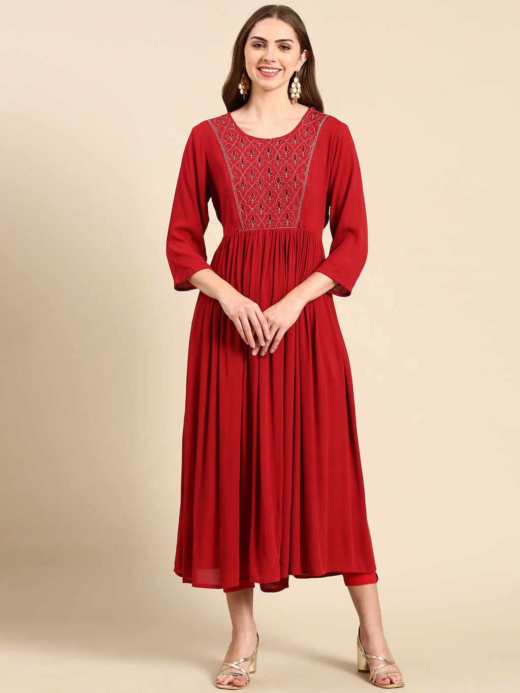 Women's Maroon Floral Thread Work Anarkali Kurta