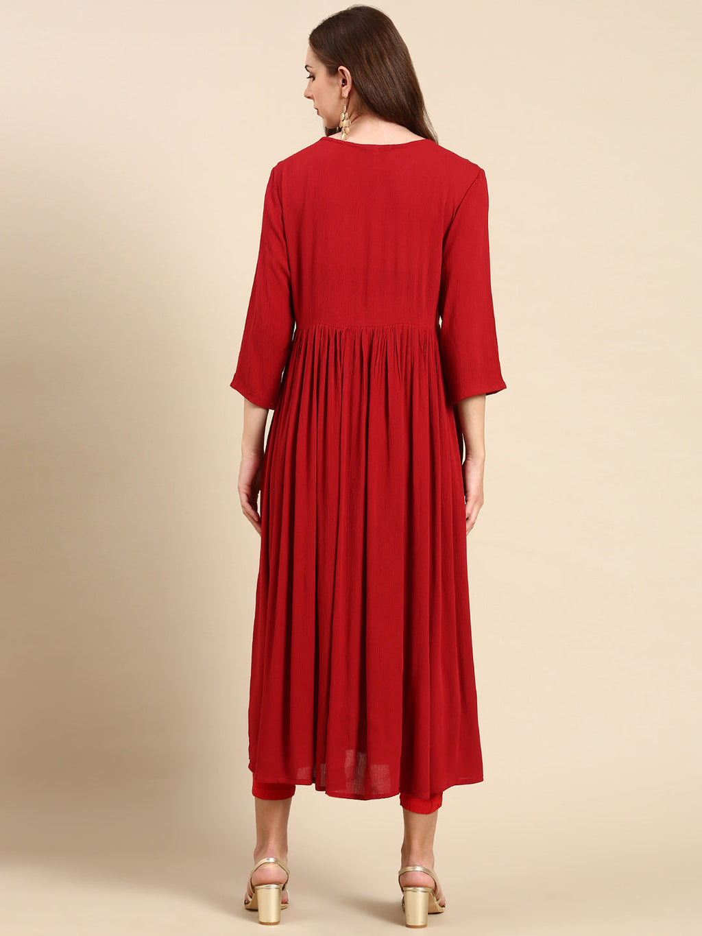 Women's Maroon Floral Thread Work Anarkali Kurta