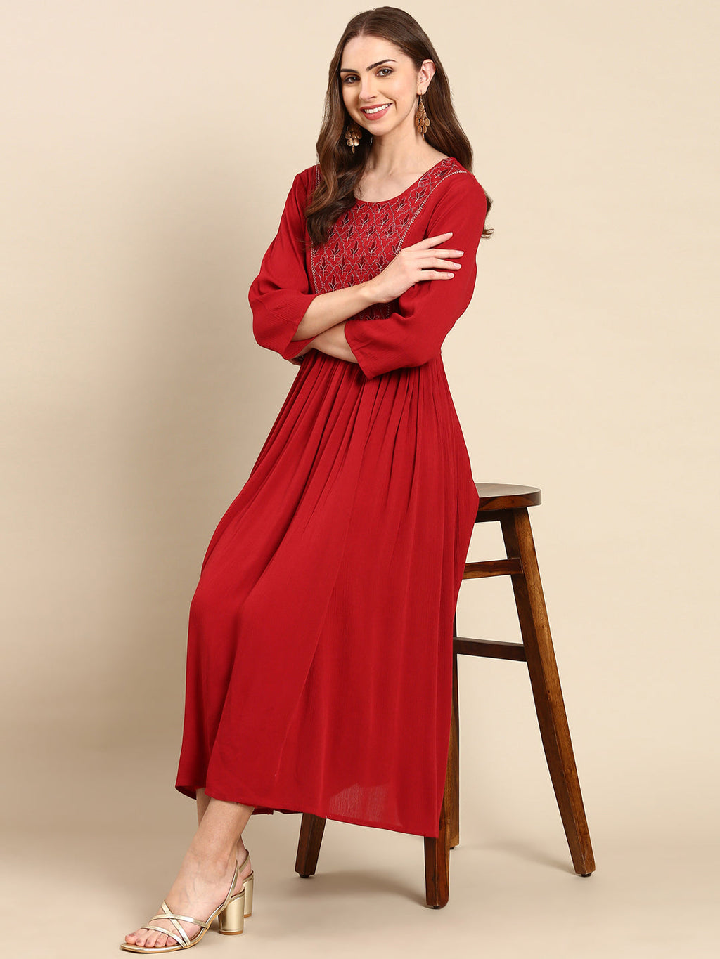 Women's Maroon Floral Thread Work Anarkali Kurta