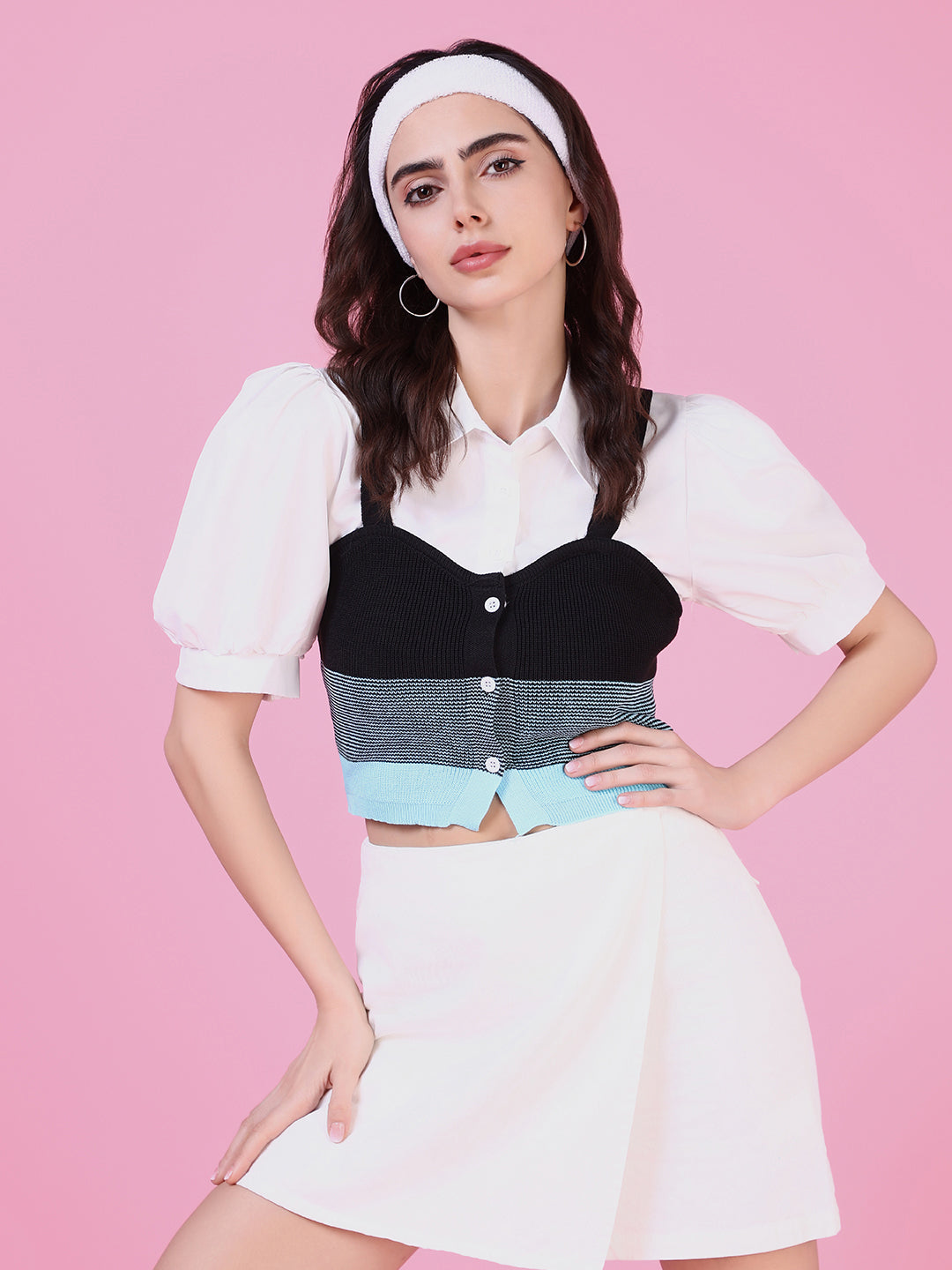 Women's Blue Puff Sleeve Shirt Style Top