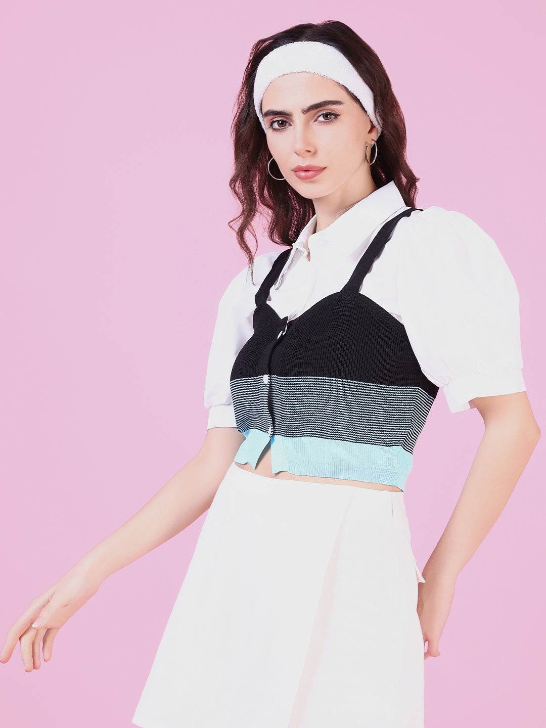 Women's Blue Puff Sleeve Shirt Style Top