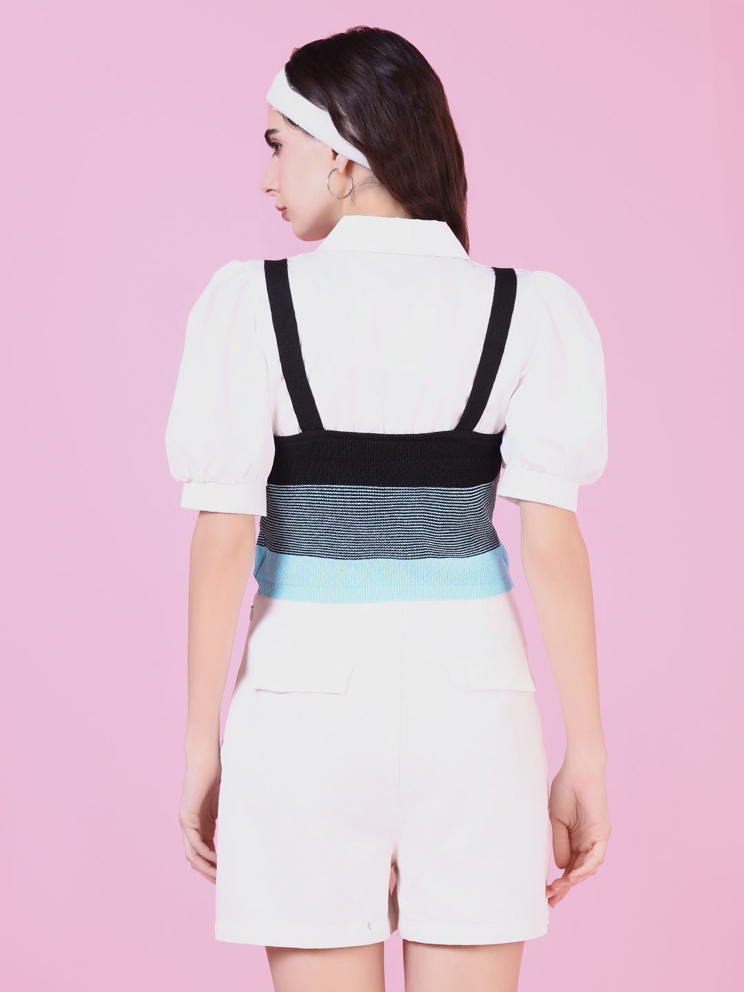 Women's Blue Puff Sleeve Shirt Style Top