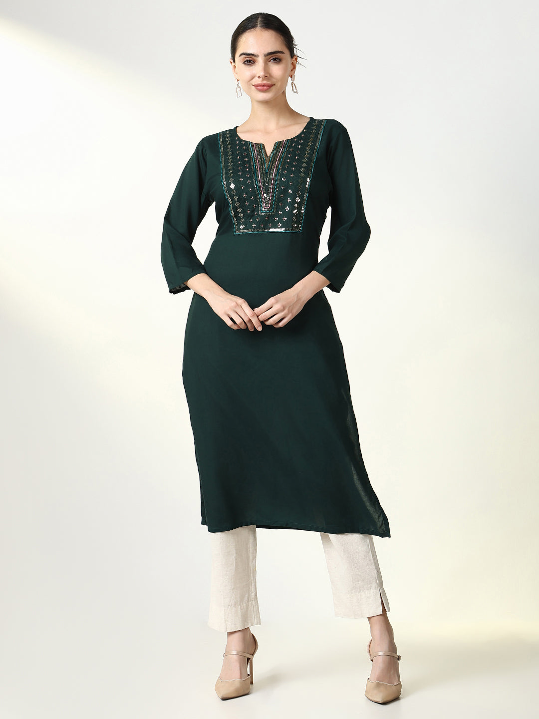 Women's Embellished Straight Green Kurta