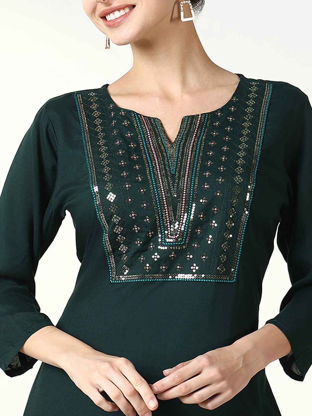 Women's Embellished Straight Green Kurta