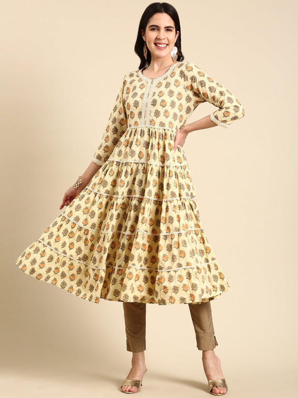Women's Cream Floral Printed Lace Inserted Tiered Cotton Anarkali Kurta