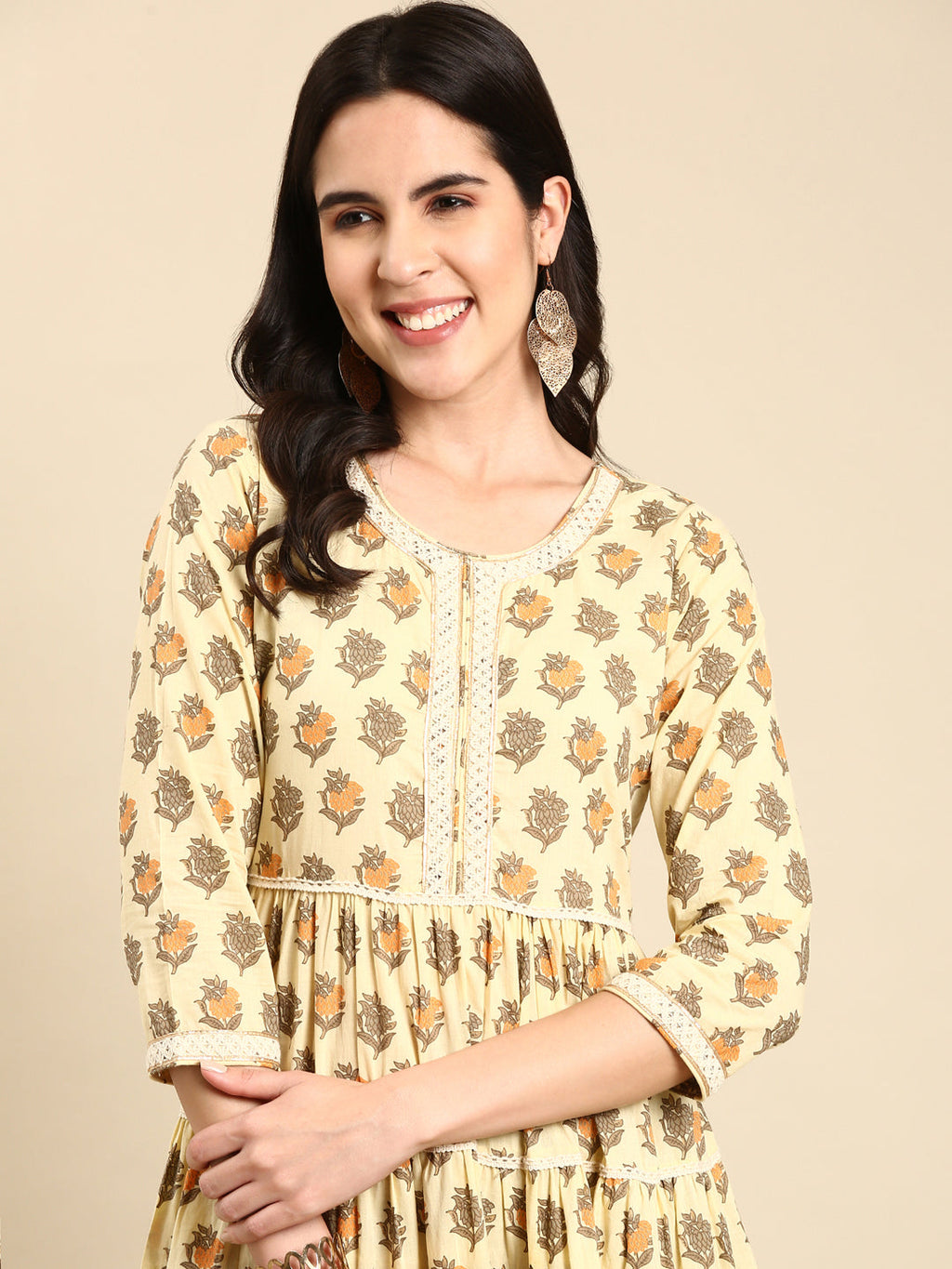 Women's Cream Floral Printed Lace Inserted Tiered Cotton Anarkali Kurta