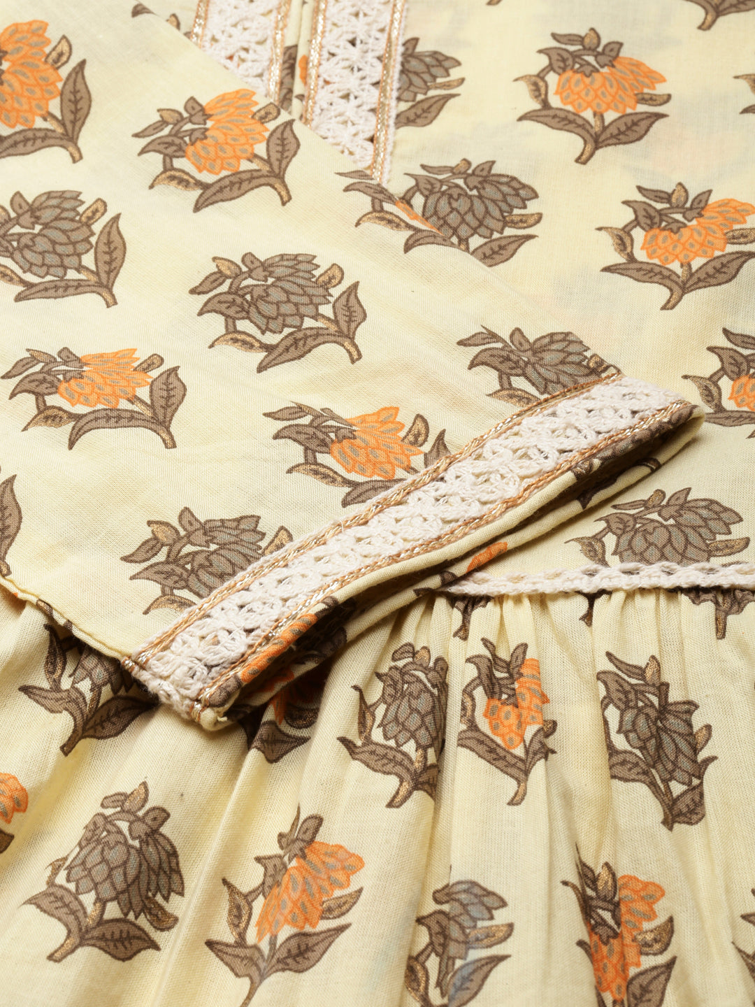 Women's Cream Floral Printed Lace Inserted Tiered Cotton Anarkali Kurta