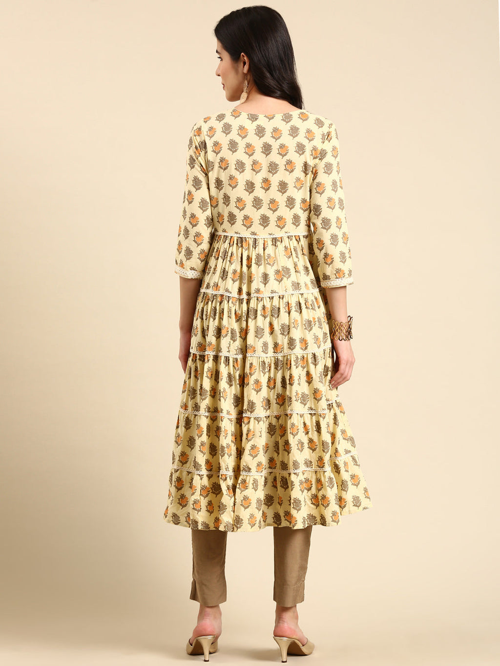 Women's Cream Floral Printed Lace Inserted Tiered Cotton Anarkali Kurta