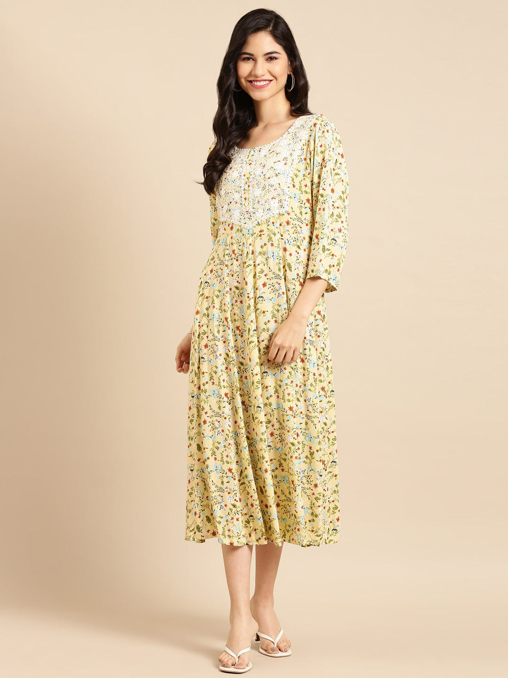 Women's Yellow Floral Printed A-Line Kurta