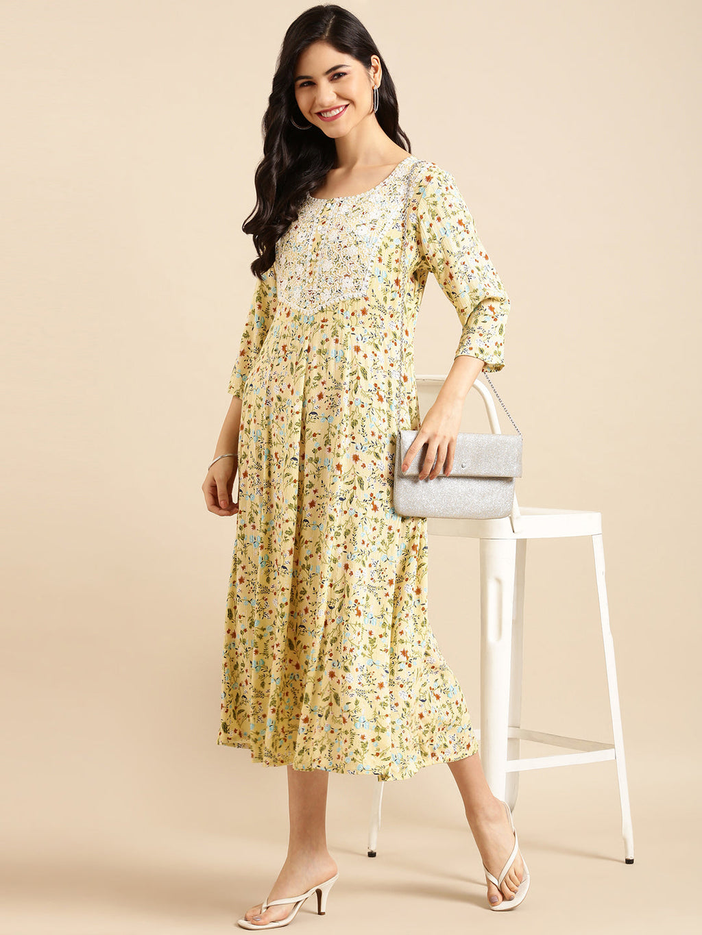 Women's Yellow Floral Printed A-Line Kurta