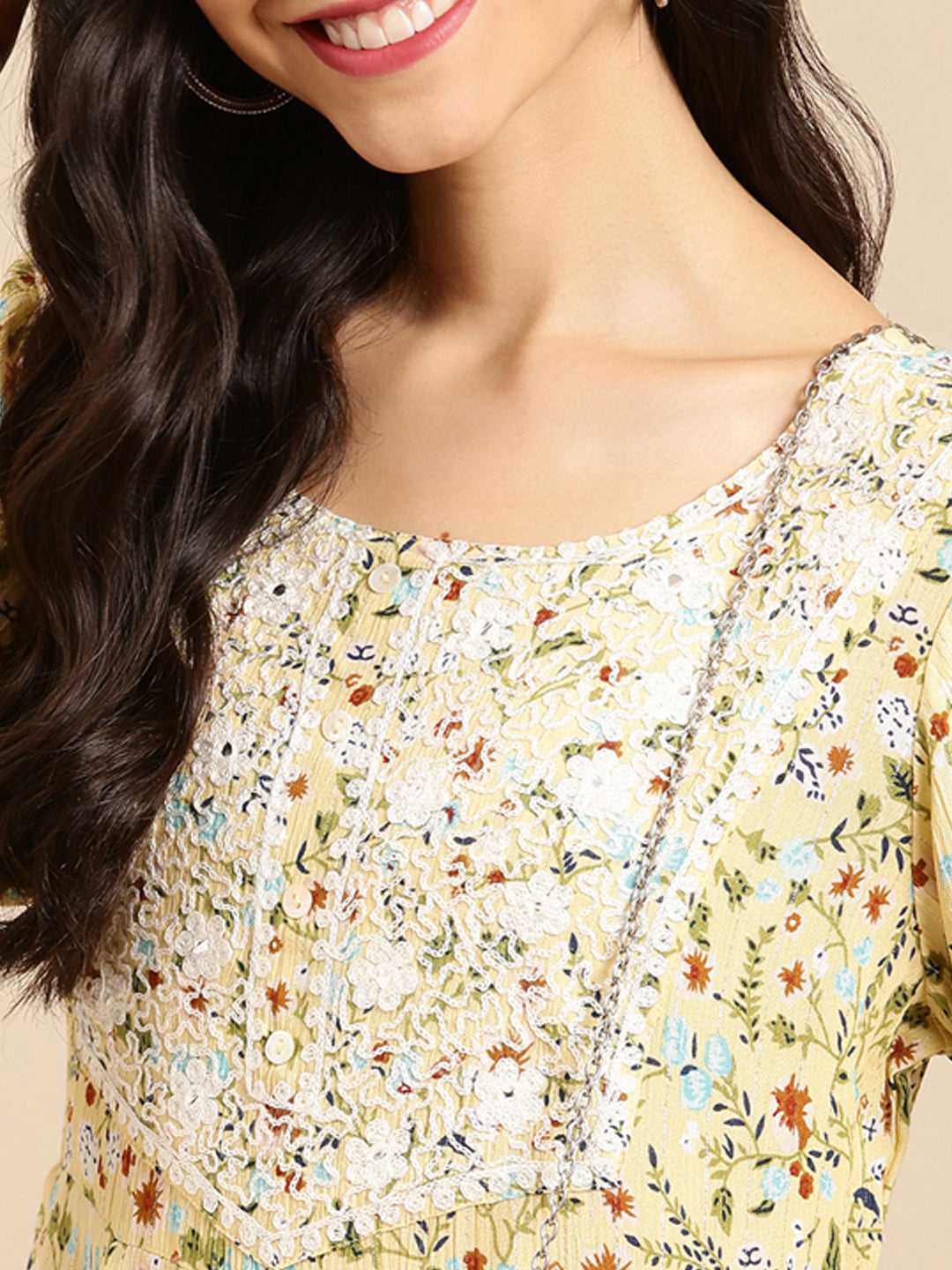 Women's Yellow Floral Printed A-Line Kurta