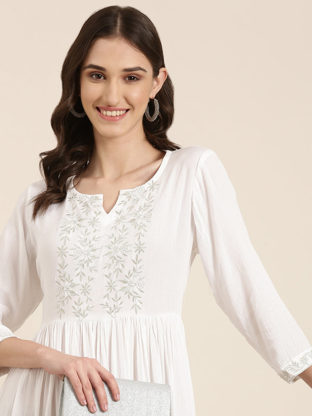 Women's White Floral Embroidered Cotton Fit & Flare Kurta