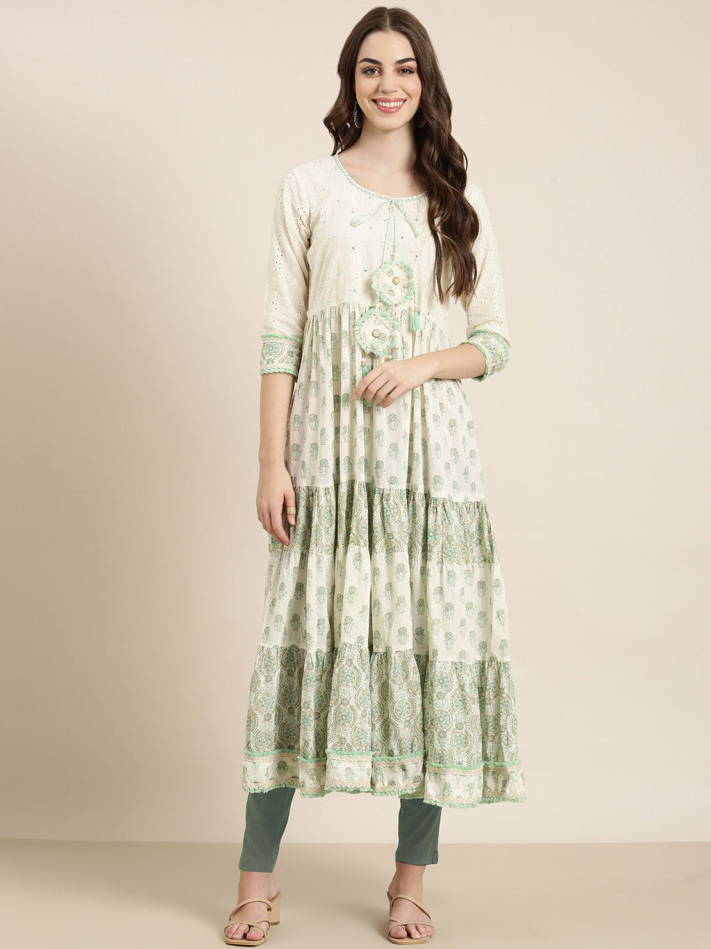 Women's Cream Ethnic Motifs Printed Mirror Work Pure Cotton Anarkali Kurta