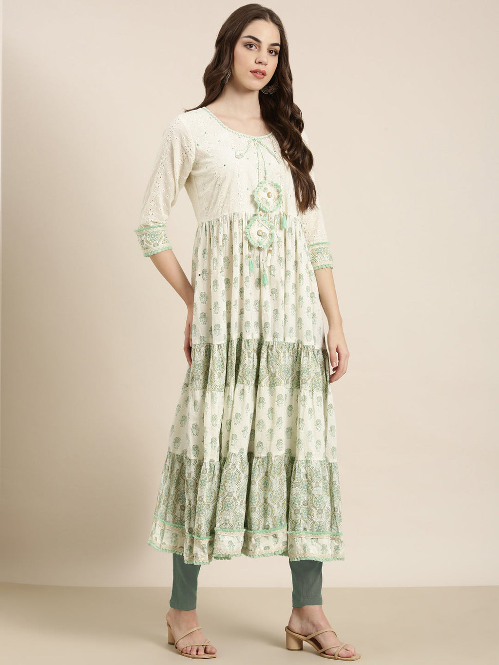 Women's Cream Ethnic Motifs Printed Mirror Work Pure Cotton Anarkali Kurta
