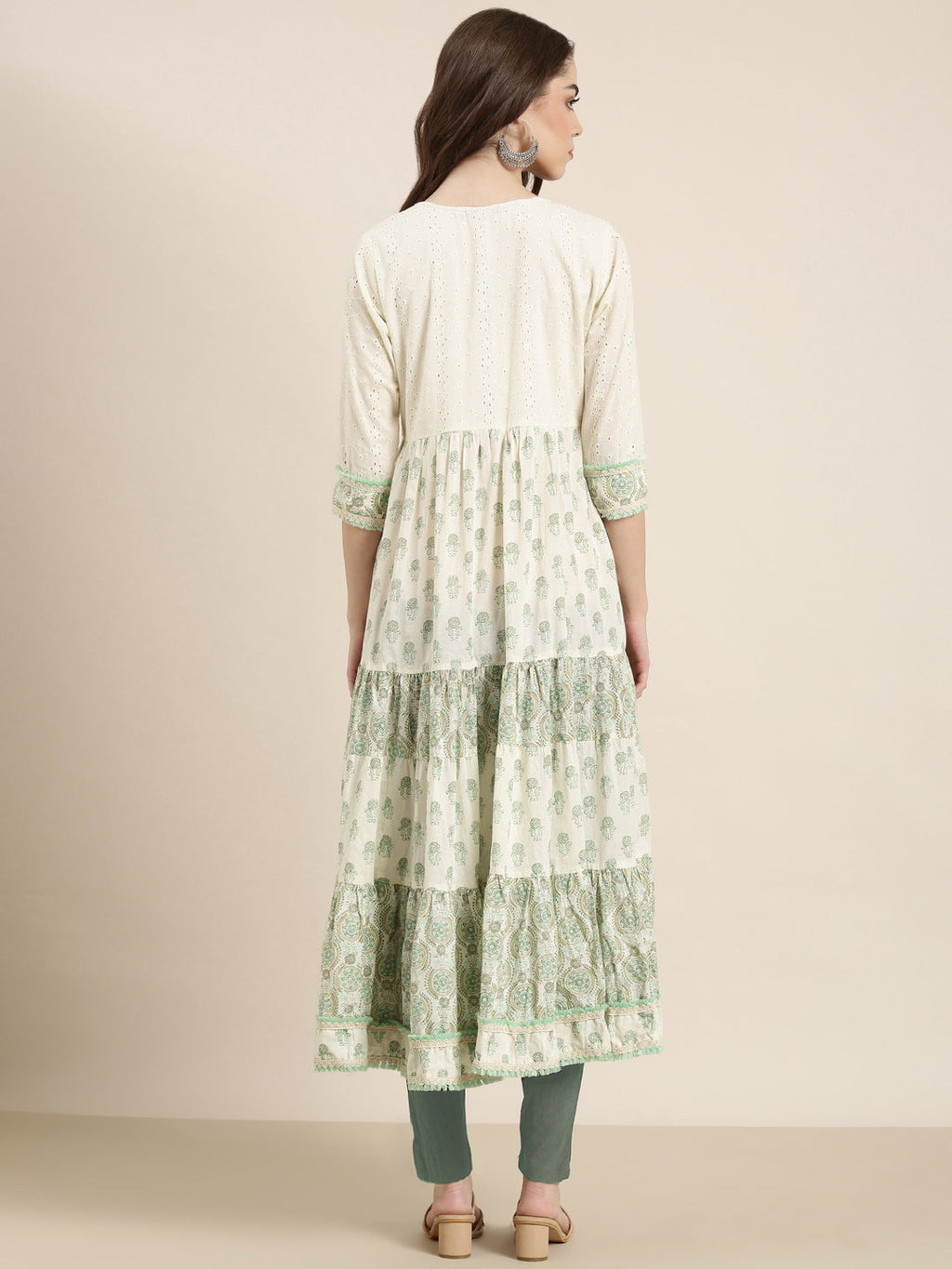 Women's Cream Ethnic Motifs Printed Mirror Work Pure Cotton Anarkali Kurta