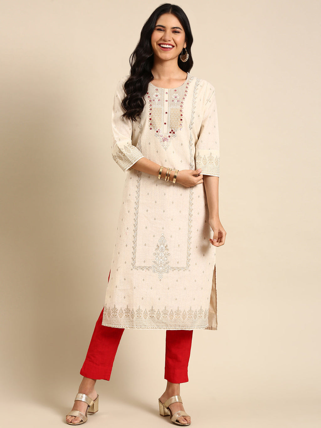 Women's Beige Floral Embroidered Straight Kurta