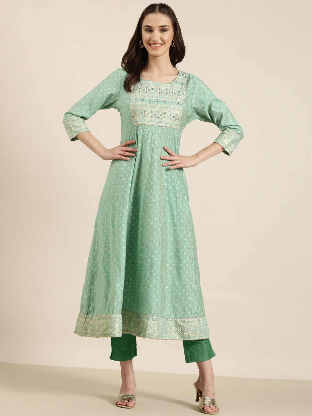 Women's Green Ethnic Motif Printed Thread Work Cotton Silk Anarkali Kurta