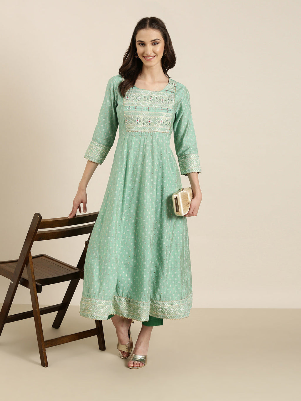 Women's Green Ethnic Motif Printed Thread Work Cotton Silk Anarkali Kurta