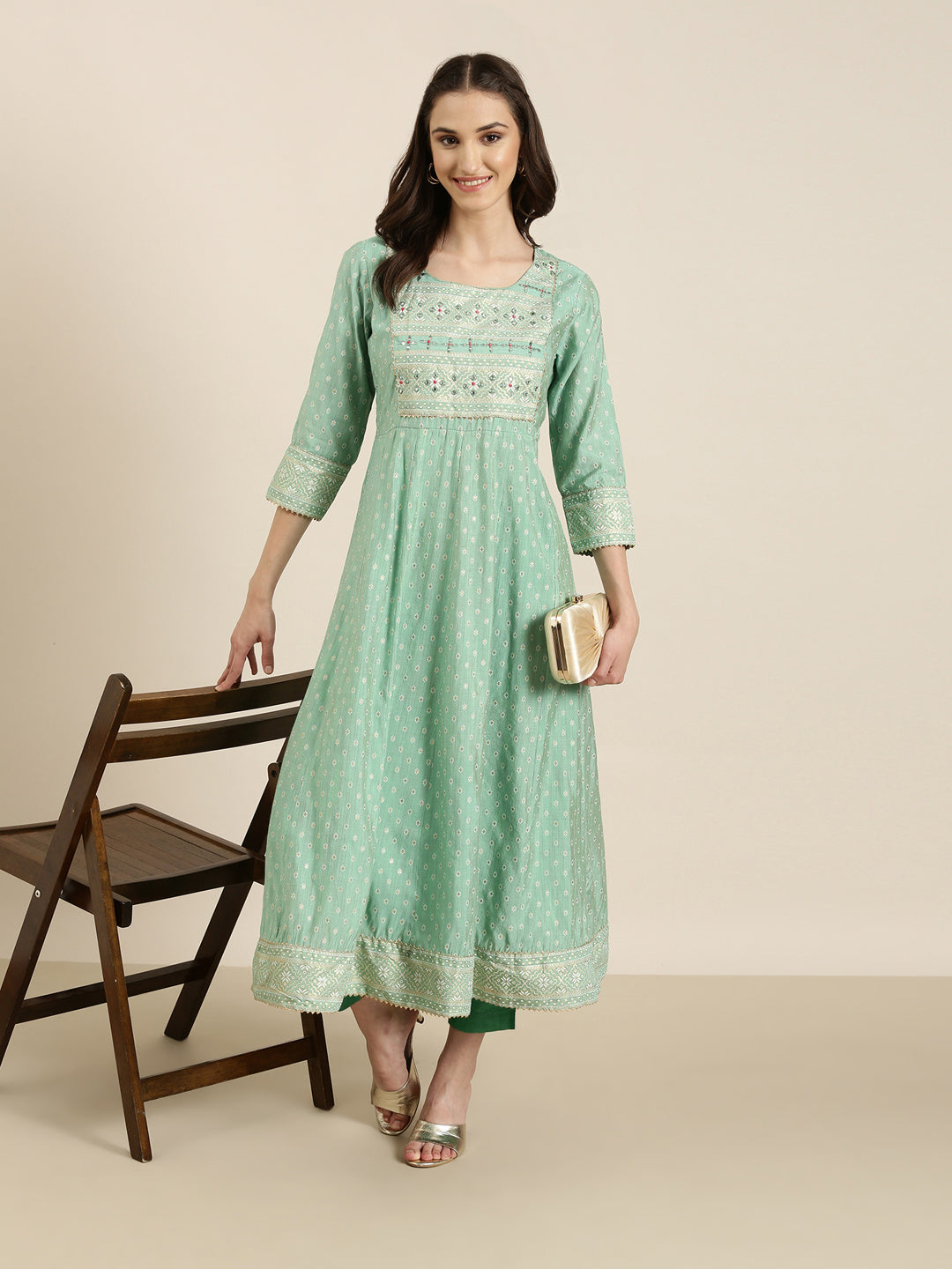 Women's Green Ethnic Motif Printed Thread Work Cotton Silk Anarkali Kurta