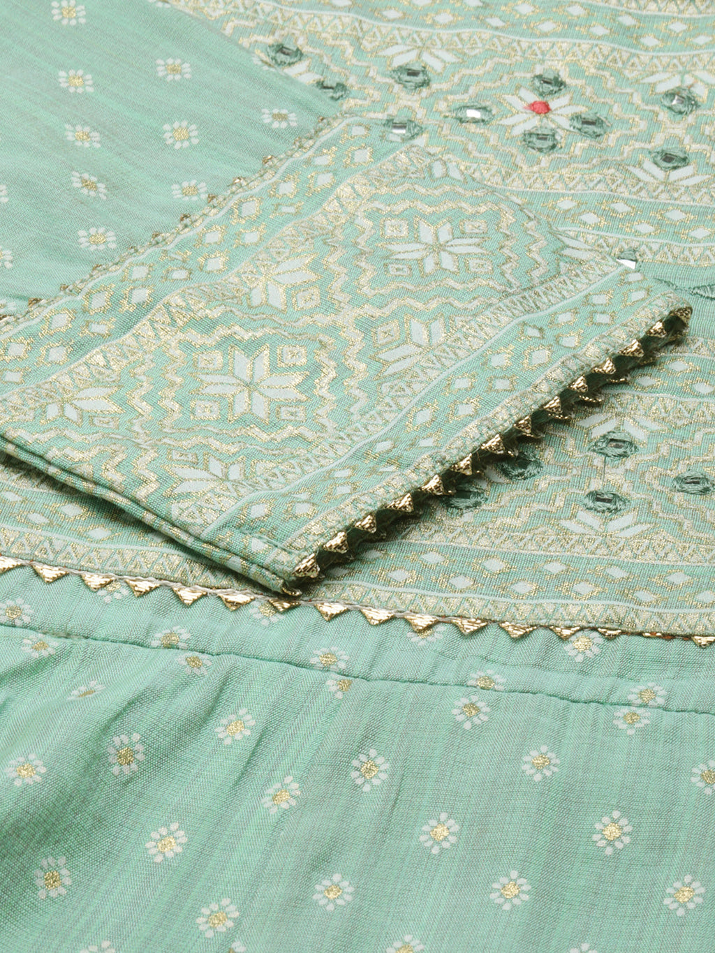 Women's Green Ethnic Motif Printed Thread Work Cotton Silk Anarkali Kurta