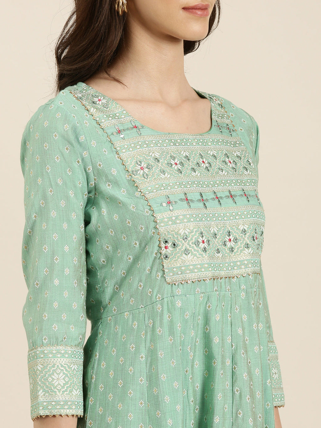 Women's Green Ethnic Motif Printed Thread Work Cotton Silk Anarkali Kurta