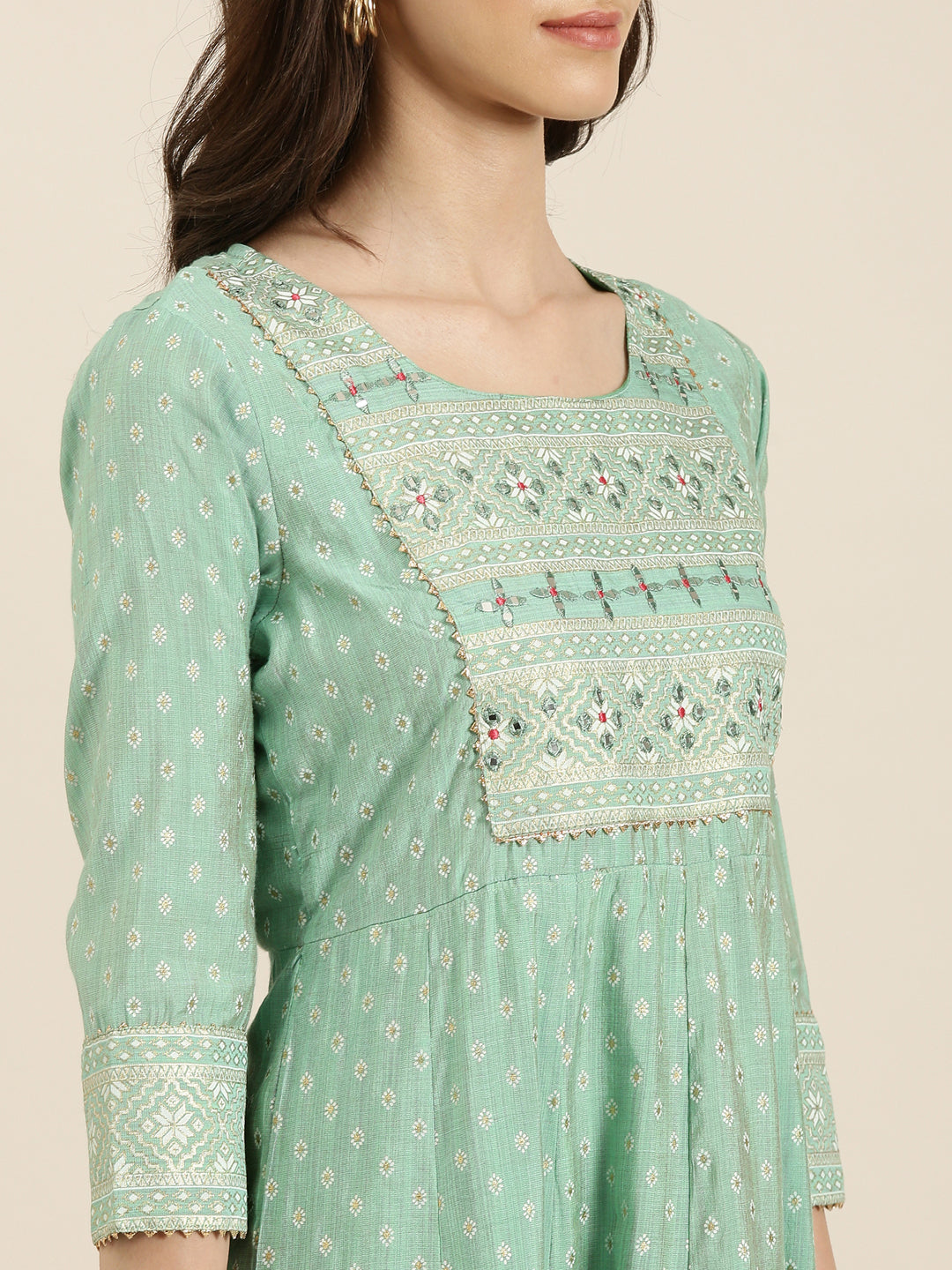 Women's Green Ethnic Motif Printed Thread Work Cotton Silk Anarkali Kurta
